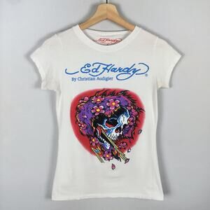 Y2K Ed Hardy Skull Graphic Baby Tee Womens Medium Babydoll Vintage Babydoll Top